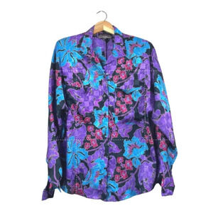 Vibrant Vintage Floral Sophistication Button Front Blouse 9/10